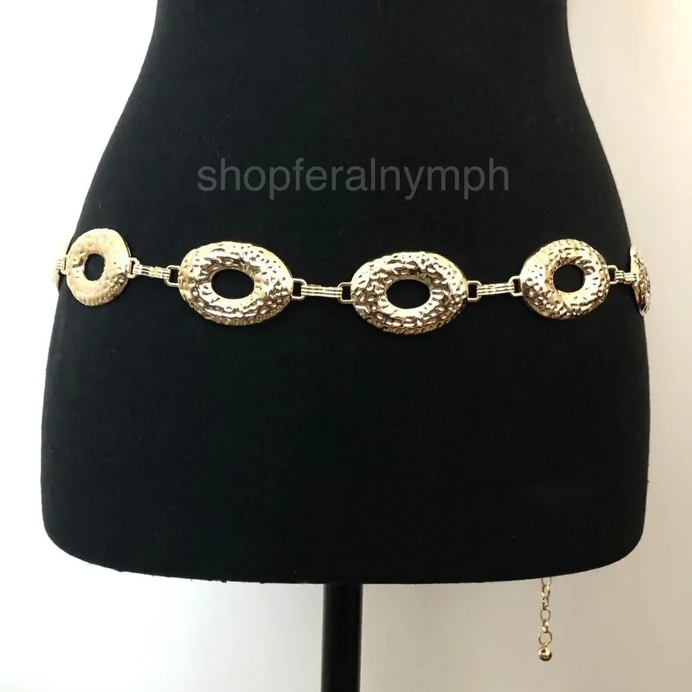 Vintage Y2K Boho Gold Hammered Open Oval Chain Belt, Up to 42.5 Inches, X7GA1146